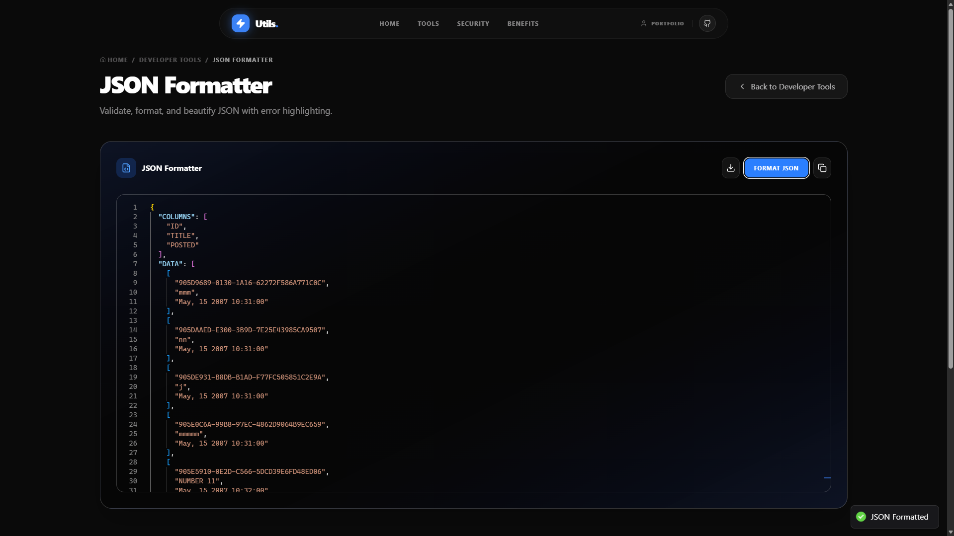 a json formatter and code tool in action